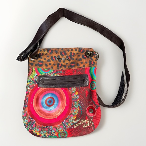 Desigual Red Canvas Crossbody Purse Glitter Butterflies, Flowers Zipper Pockets - Picture 1 of 4